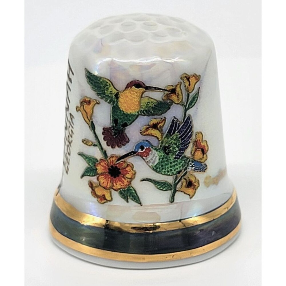 Savannah GA Souvenir Thimble Iridescent Porcelain Hummingbirds Flowers Gold Trim